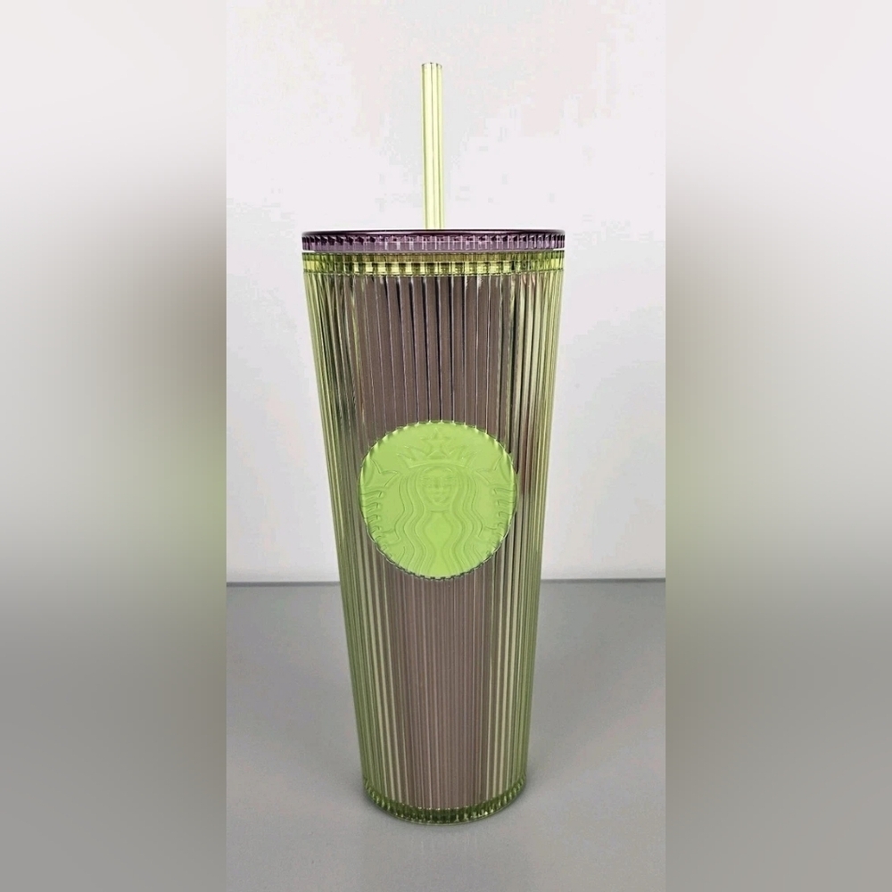 Starbucks 2025 Neon Transparent Lime Lilac Pleated Striped Venti Tumbler 24oz